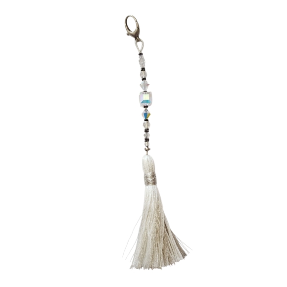 Vintage stamped 925 Sterling silver Crystal cord with tassel,  bag charm, - Picture 1 of 9